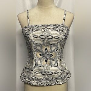White House Black Market Cream and Black Printed Sleeveless Peplum Top